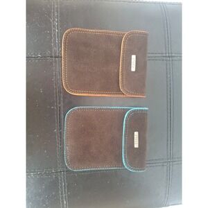 RUIZ Brown Suede Pouch Set Turquoise Orange Contrast Stitching Velcro Closure2pc